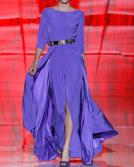 Purple Satin Split Crew Neck Half Sleeve Dress