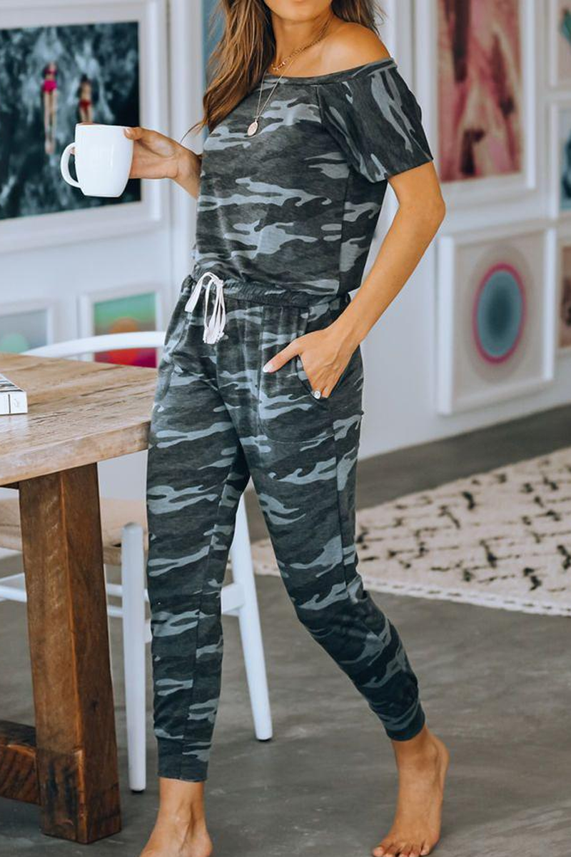 Camouflage Drawstring Off The Shoulder Jumpsuit