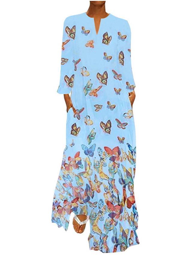 Women's Shift Dress Maxi long Dress - Long Sleeve Butterfly Spring Fall Hot Loose White Yellow Blushing Pink Light Blue S M L XL XXL 3XL 4XL 5XL