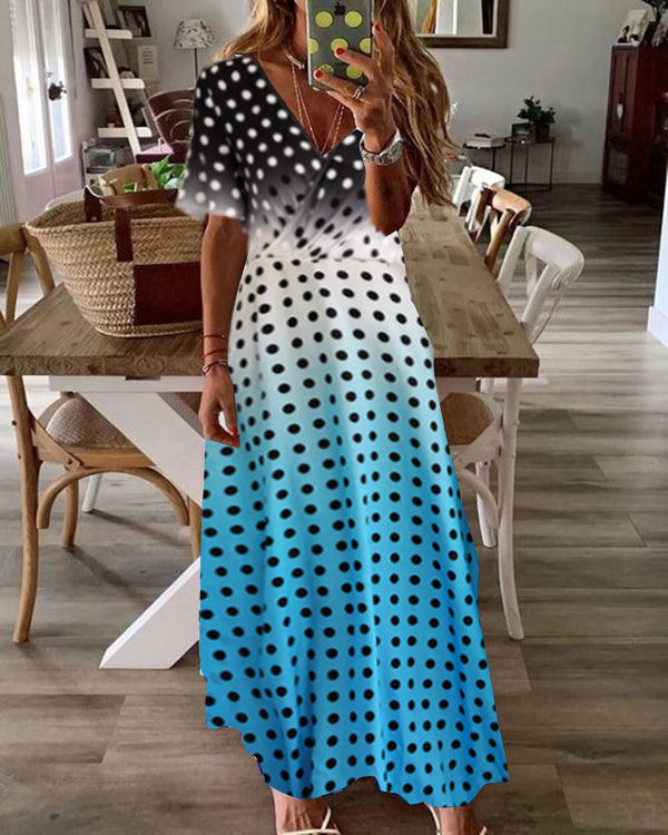 Casual V-Neck Polka-Dot Gradient Long Dress