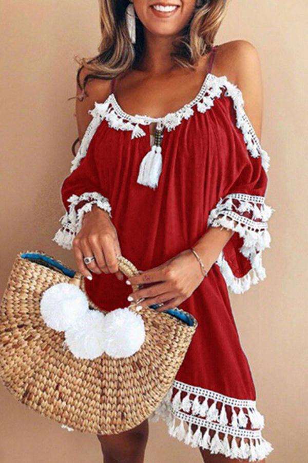 Cold Shoulder Fringe Half Sleeve Holiday Dress