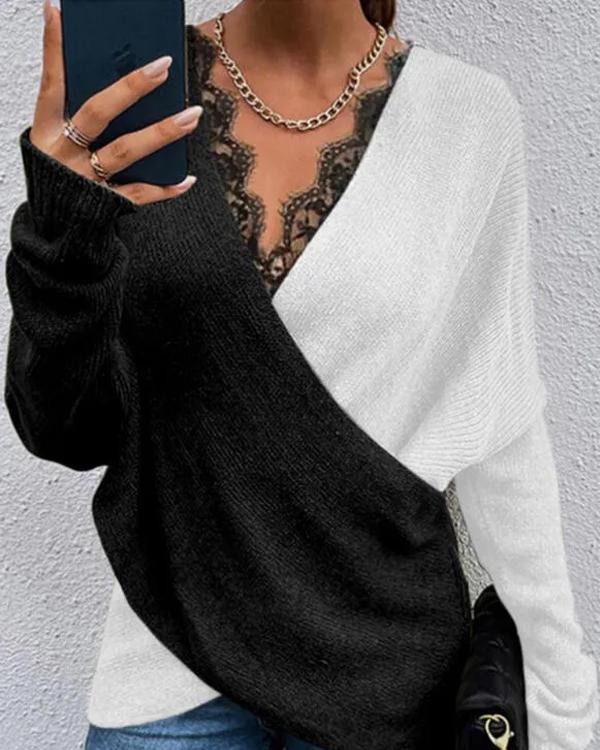 Color Contrast Cross Lace V Neck Sweater