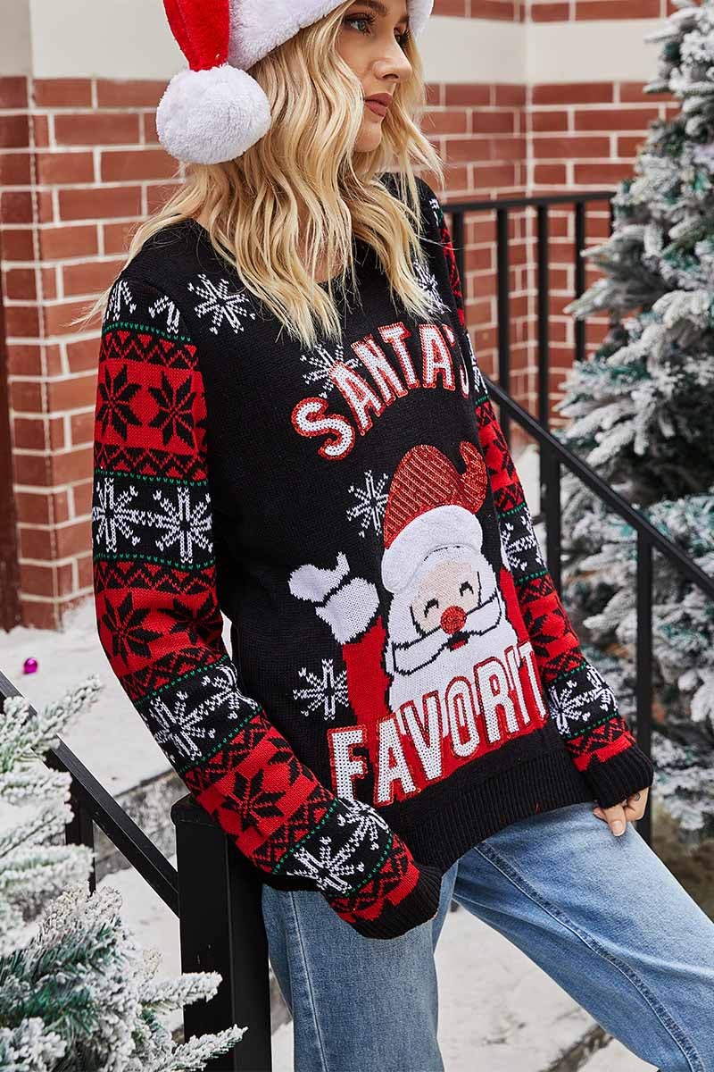 Santa Embroidered Round Neck Knitted Sweater