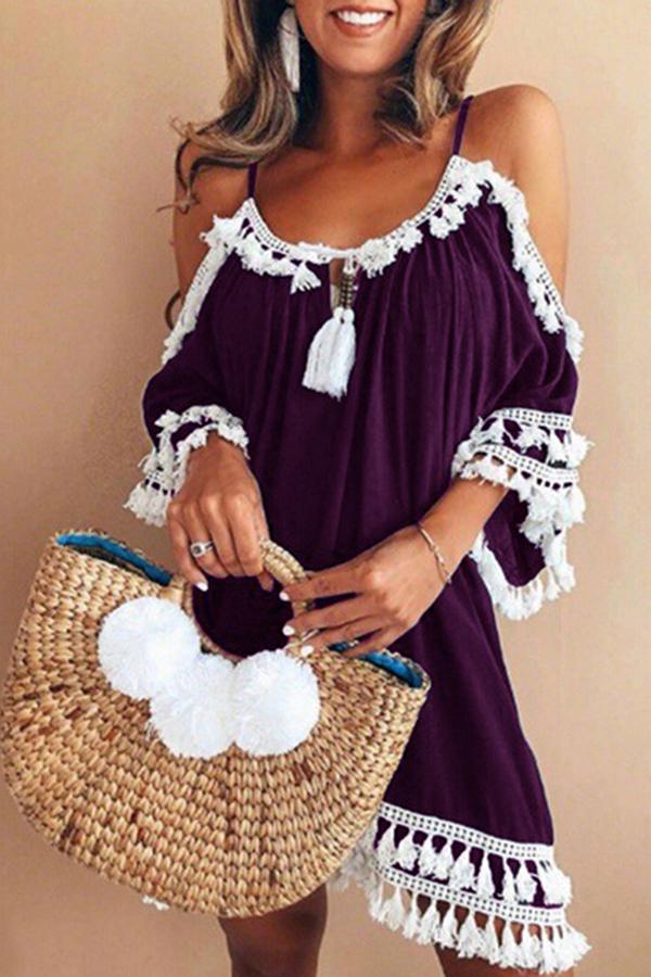 Cold Shoulder Fringe Half Sleeve Holiday Dress