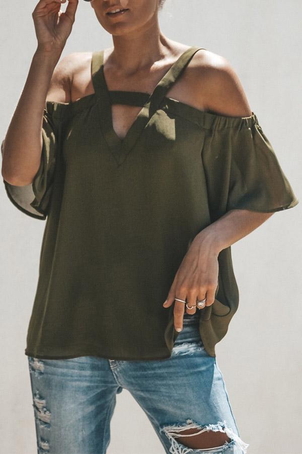 Chiffon Off The Shoulder  V Neck Short Sleeve Top