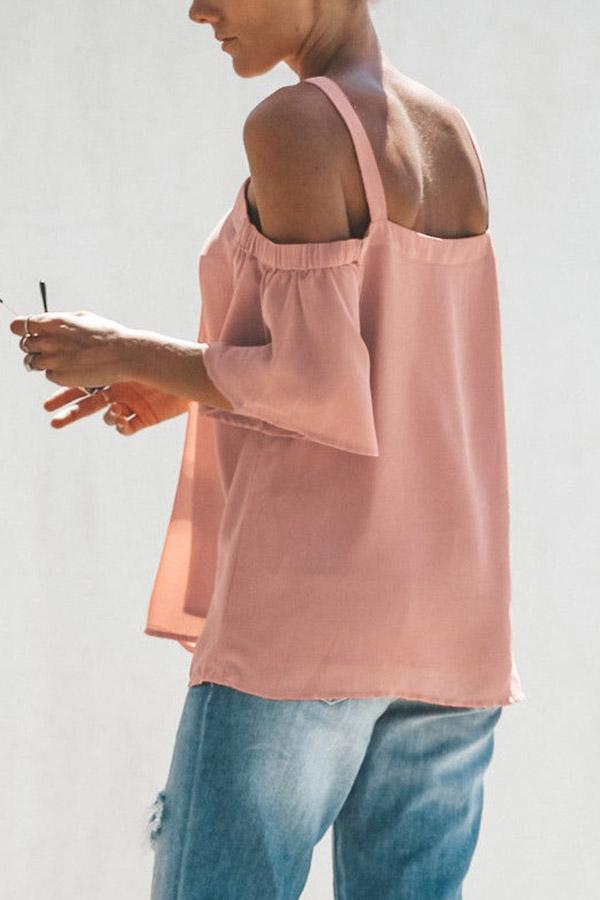 Chiffon Off The Shoulder  V Neck Short Sleeve Top