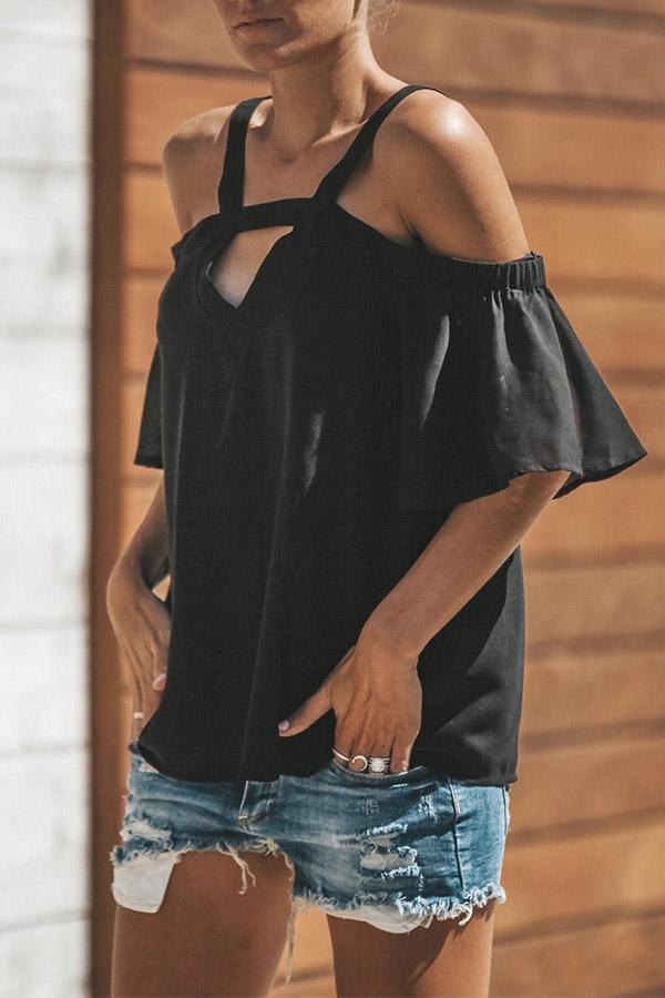 Chiffon Off The Shoulder  V Neck Short Sleeve Top