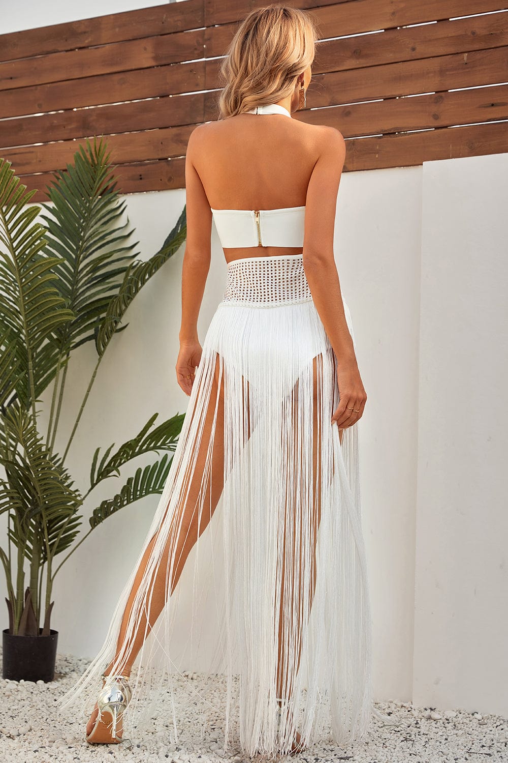 Kos Halter Fringe Bandage Dress - White