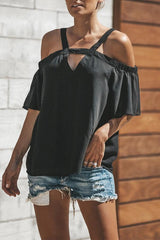 Chiffon Off The Shoulder  V Neck Short Sleeve Top