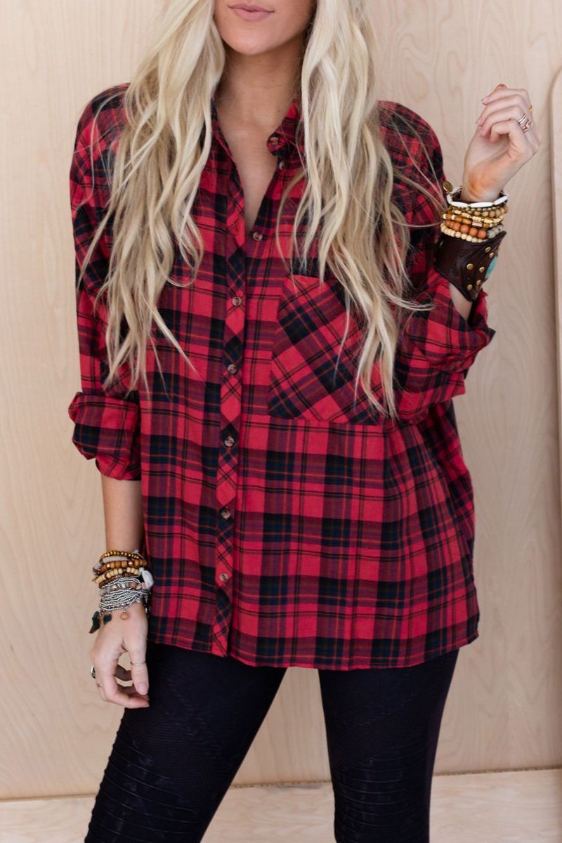 Casual Colorful Plaid Lapel Blouse