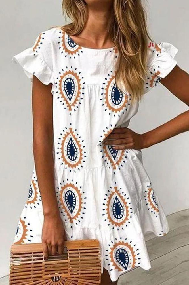 Scoop Neck Ruched Sleeve Print Dress