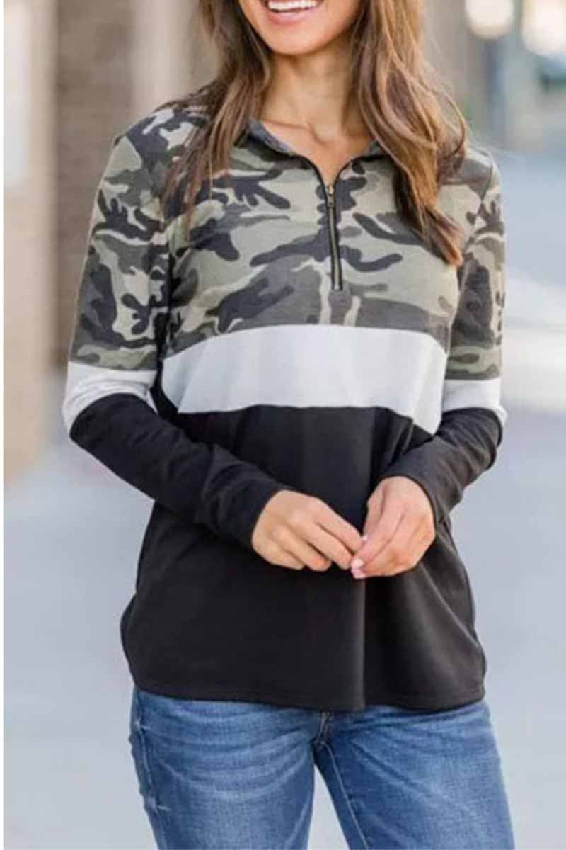 Camouflage Print Zipper Top