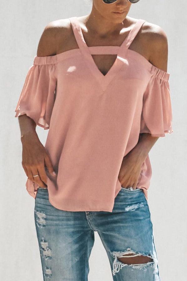 Chiffon Off The Shoulder  V Neck Short Sleeve Top