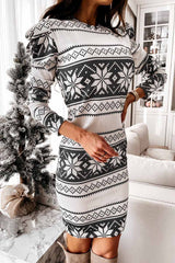 White Print Long Sleeves Mini Dress