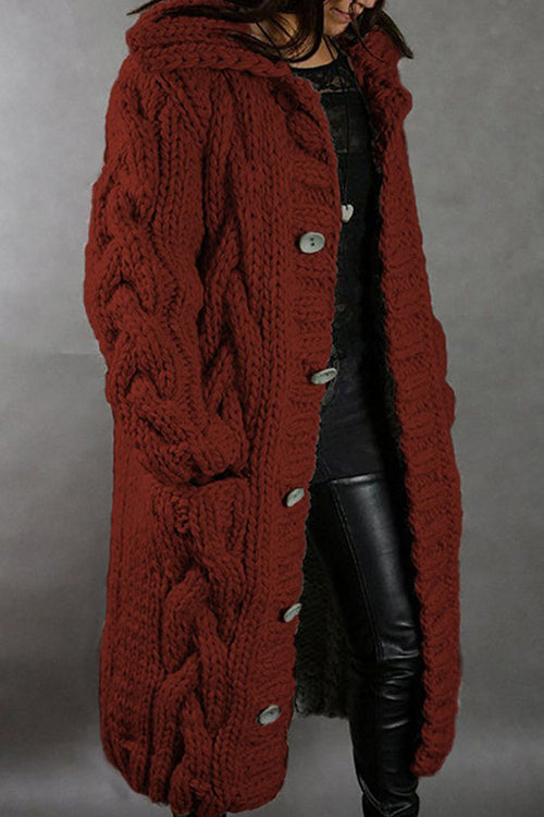 Button Down Cable Knit Long Thick Cardigan