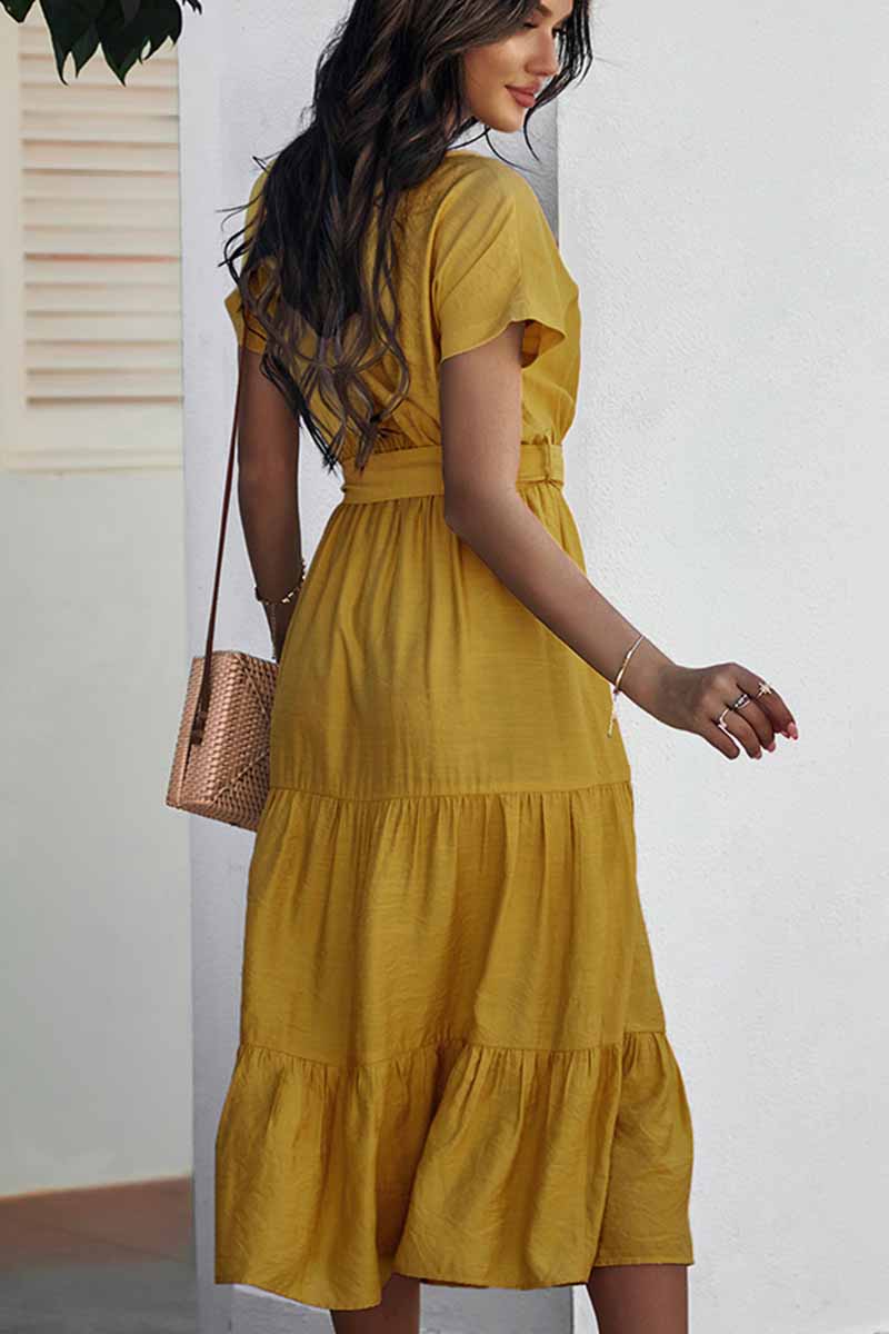 Pure Color Simple Restraint Waist Midi Dress