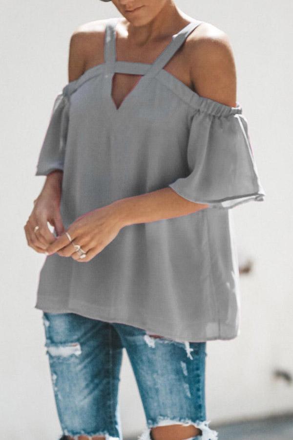 Chiffon Off The Shoulder  V Neck Short Sleeve Top