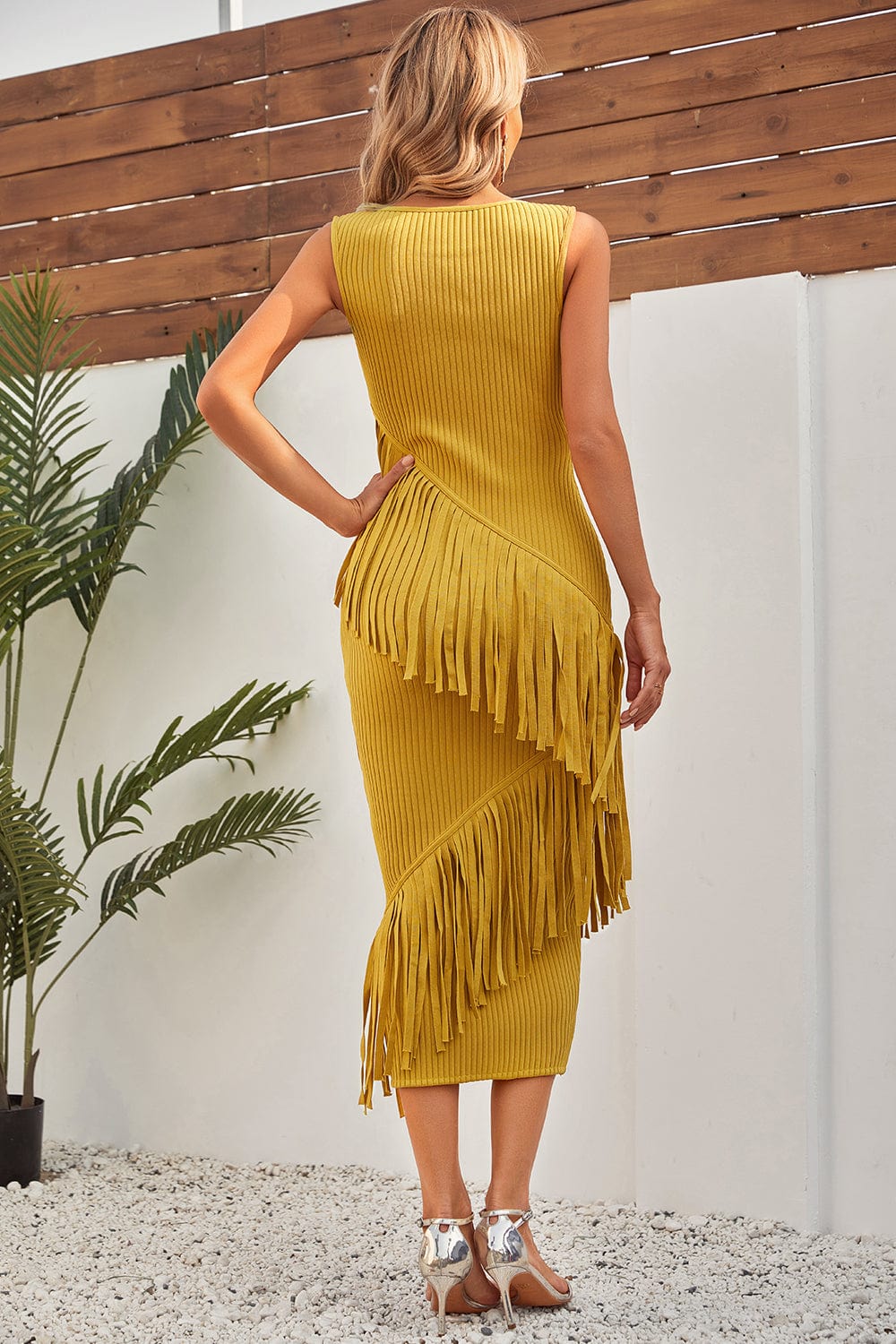 Marie Yellow Fringe Midi Bandage Dress