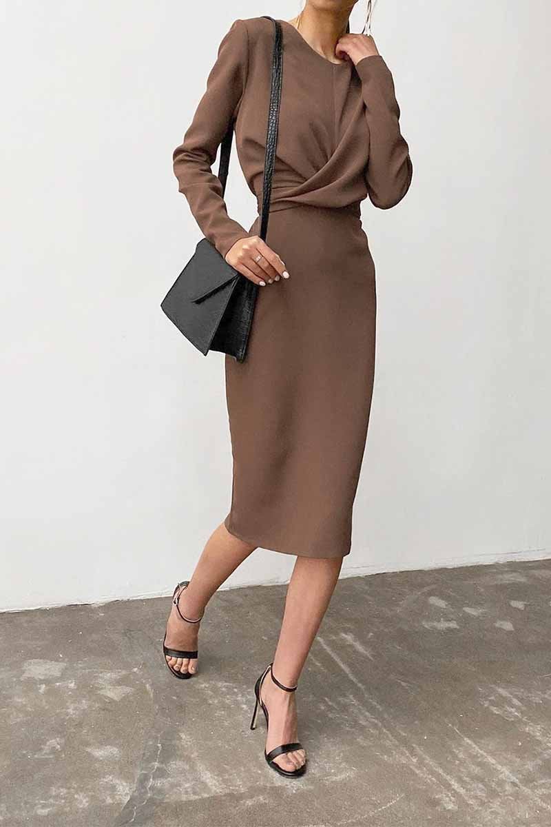 Fashion Long Sleeve Waist Midi Dress