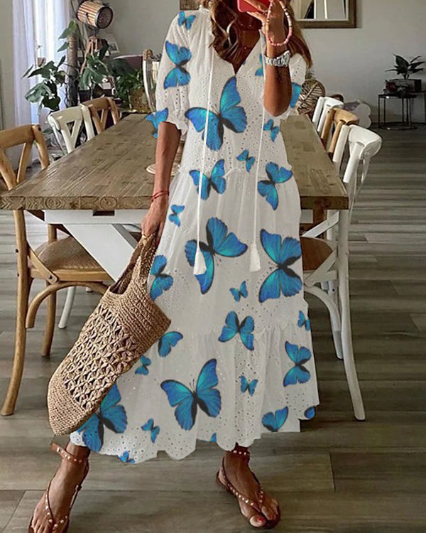 Bohemian V-Neck Print Drawstring Short Sleeve Midi Dress