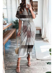 Print Satin Pleated Classy Bandage Shirt Dress