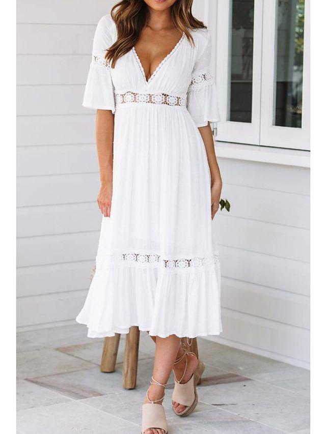 Women's Swing Dress Midi Dress - Half Sleeve Solid Colored Summer Spring & Summer V Neck Hot Beach vacation dresses Flare Cuff Sleeve 2020 White S M L XL / Sexy