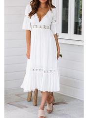 Women's Swing Dress Midi Dress - Half Sleeve Solid Colored Summer Spring & Summer V Neck Hot Beach vacation dresses Flare Cuff Sleeve 2020 White S M L XL / Sexy