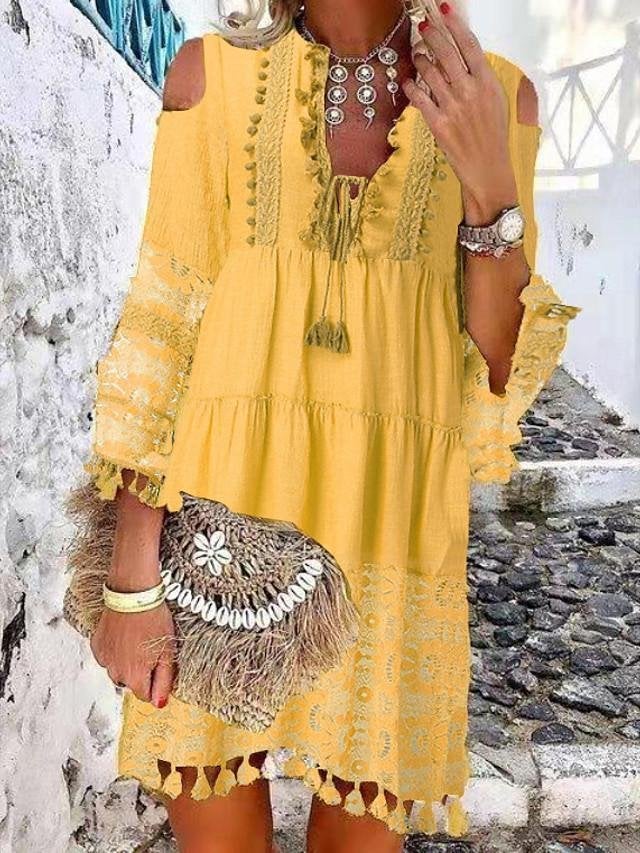 Women's Shift Dress Short Mini Dress - 3/4 Length Sleeve Tassel Fringe Lace Cold Shoulder Summer Hot Casual Boho vacation dresses White Blue Yellow Beige Light Blue S M L XL XXL 3XL-0208808