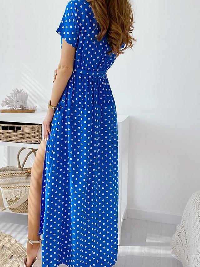 Women's Chiffon Dress Maxi Long Dress White Blue Red Navy Blue Short Sleeve Polka Dot Summer V Neck Sexy Boho 2021 S M L XL XXL