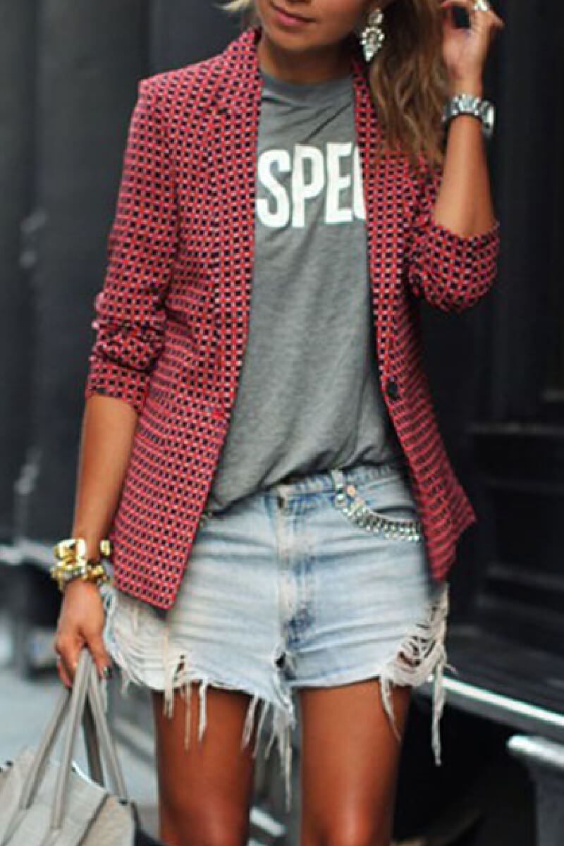 Casual Red Plaid Lapel Blazer