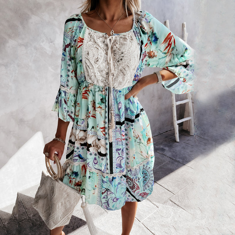 Bohemian Lace Up Patchwork Dress