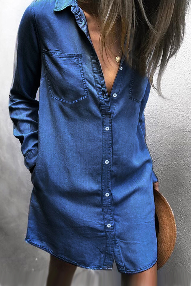 Pockets Denim Long Sleeve Shirt Dress