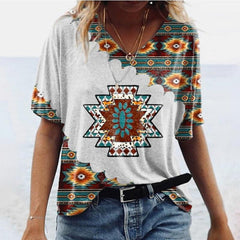 Vintage Print Casual V-Neck T-Shirt