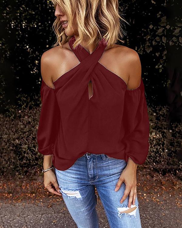 Women Fashion Blouse Halter Solid Color Shirt Casual Off Shoulder Plus Size Blouse