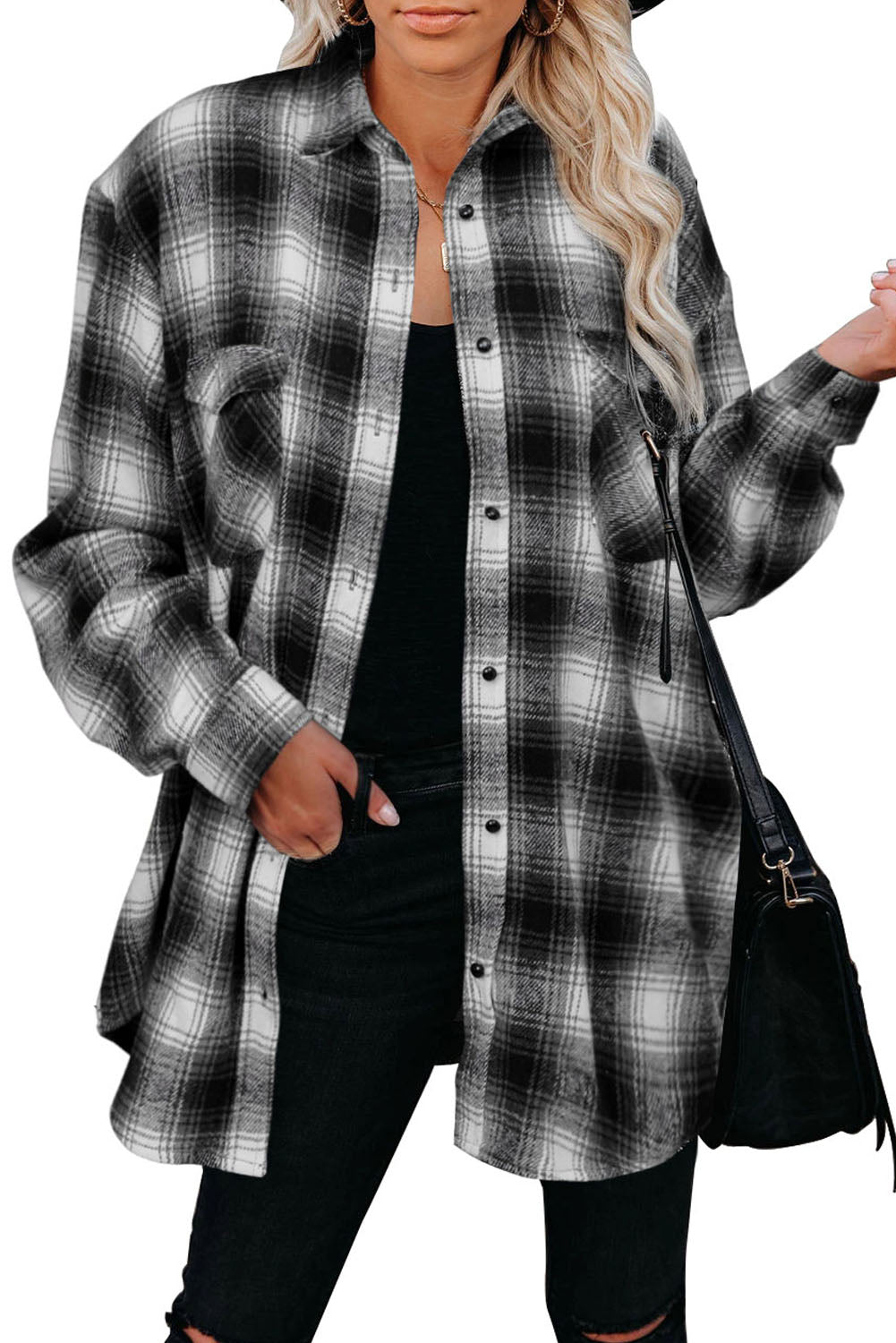 Buttons Pocketed Plaid Shacket