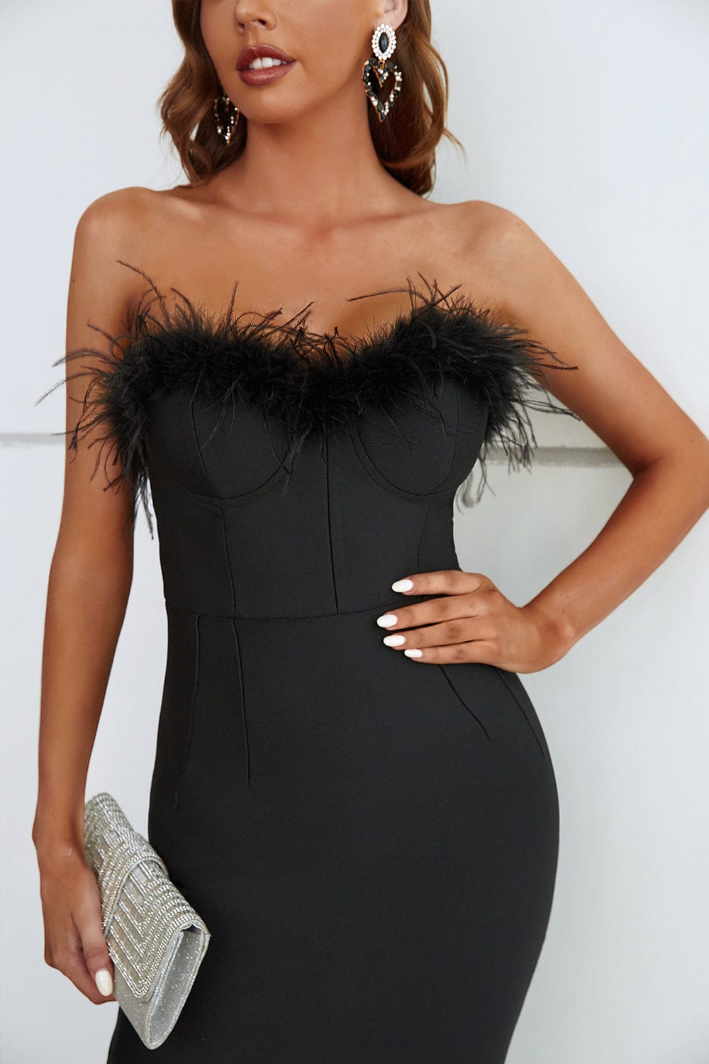 Domina Strapless Feather Midi Evening Dress