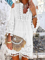 Women's Shift Dress Short Mini Dress - 3/4 Length Sleeve Tassel Fringe Lace Cold Shoulder Summer Hot Casual Boho vacation dresses White Blue Yellow Beige Light Blue S M L XL XXL 3XL-0208808