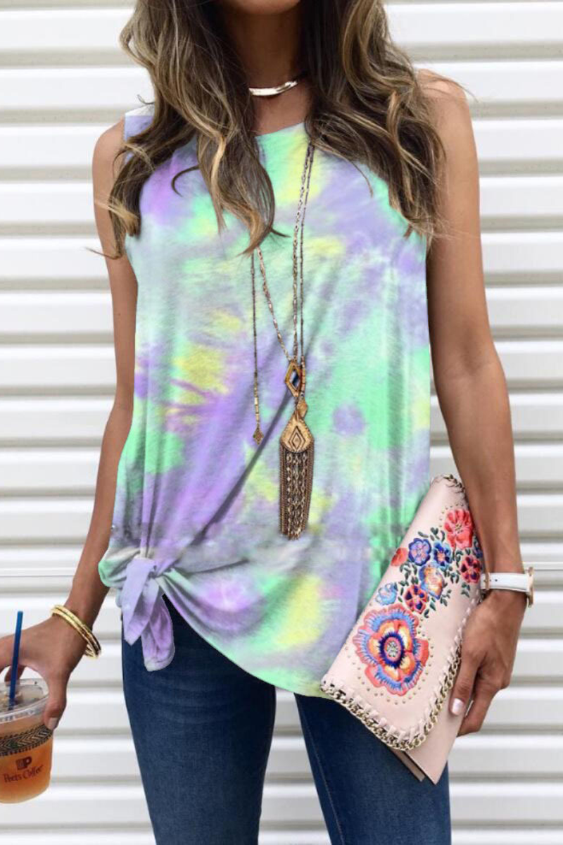 Tie Dye Sleeveless Round Neck Kontted Casual T-Shirt