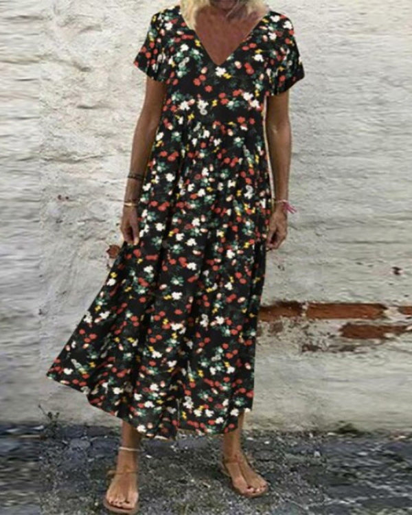 Casual Vintage Print Loose V-Neck Short Sleeve Maxi Dress