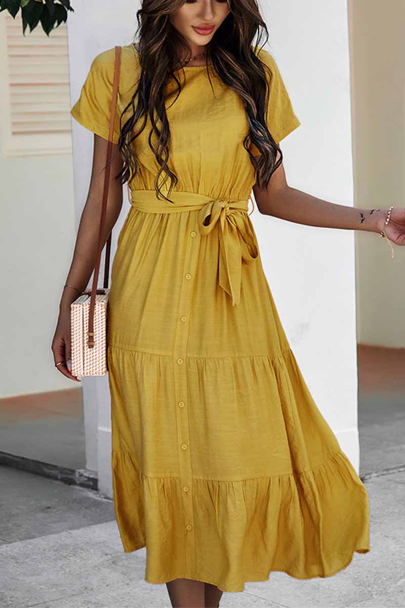 Pure Color Simple Restraint Waist Midi Dress