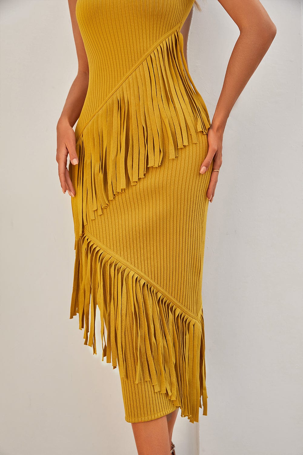 Marie Yellow Fringe Midi Bandage Dress