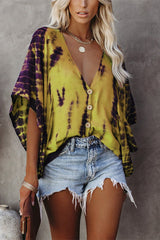 Tie Dye Print V-Neck Bat Sleeve Blouse