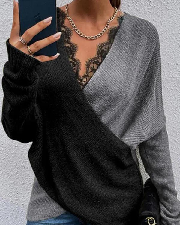 Color Contrast Cross Lace V Neck Sweater