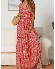 Women's Strap Dress Maxi long Dress Sleeveless Print Hot Red Navy Blue S M L XL