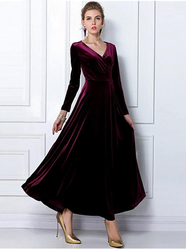 Women's Sheath Dress Maxi long Dress Black Purple Wine Green Royal Blue Long Sleeve Solid Colored V Neck Hot Velvet S M L XL XXL 3XL / Plus Size