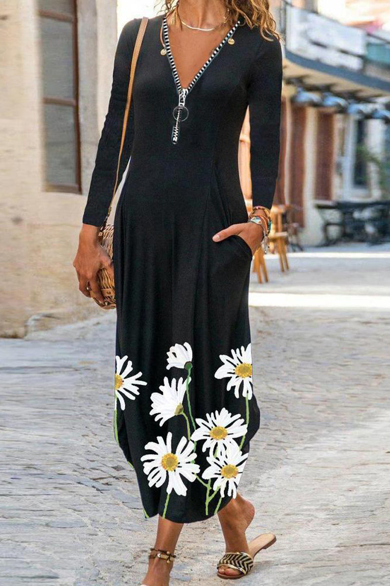 Zipper Floral Print Long Sleeve Dress