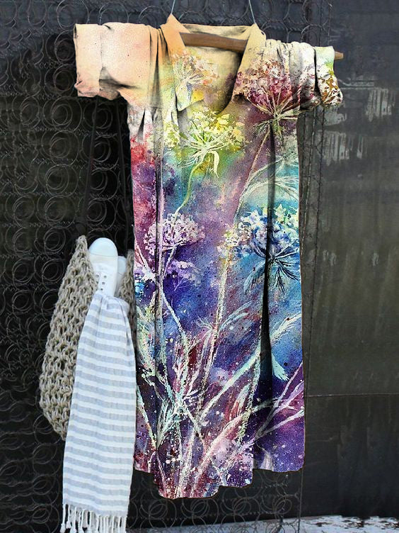 Vintage Print V-Neck Cotton Linen Loose Long Sleeve Dress