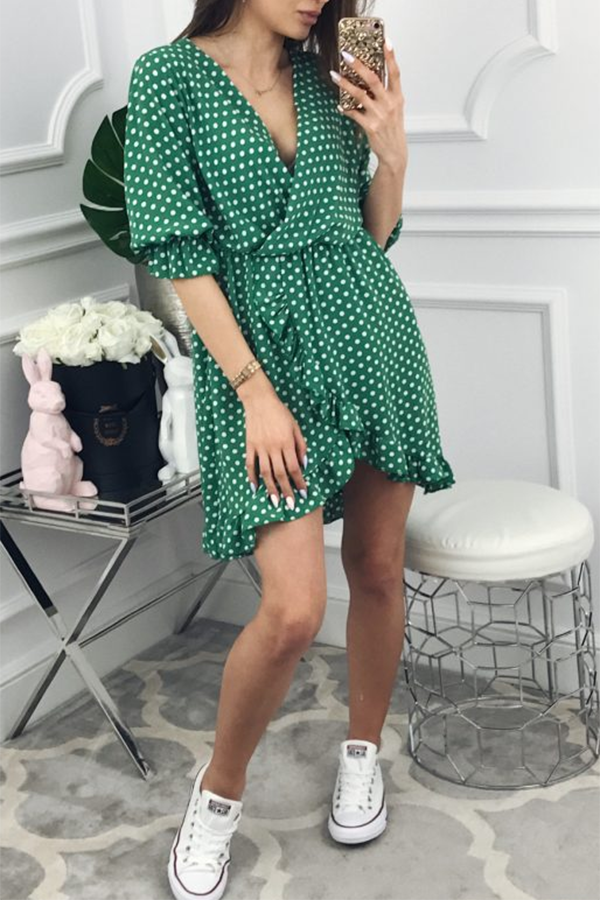 Polka Dot Ruffle Irregular Hem Midi Dress