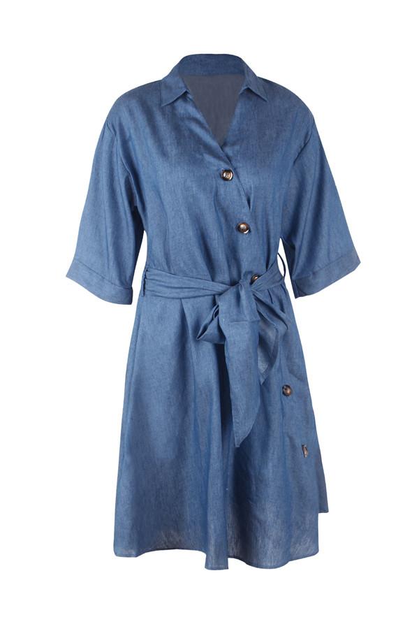 Tie Waist Button Down Elegant Shirt Dress 3/4 Sleeve Casual Dress