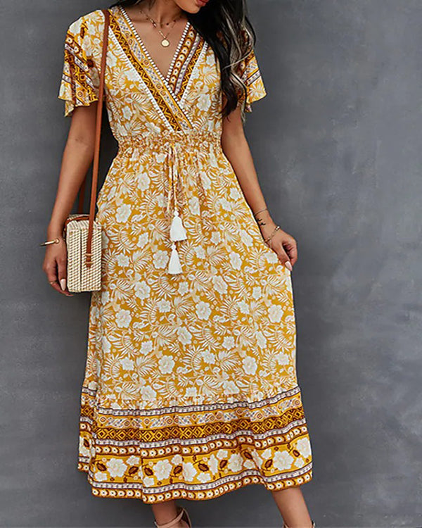 Casual Vintage Boho V-Neck Print Dress